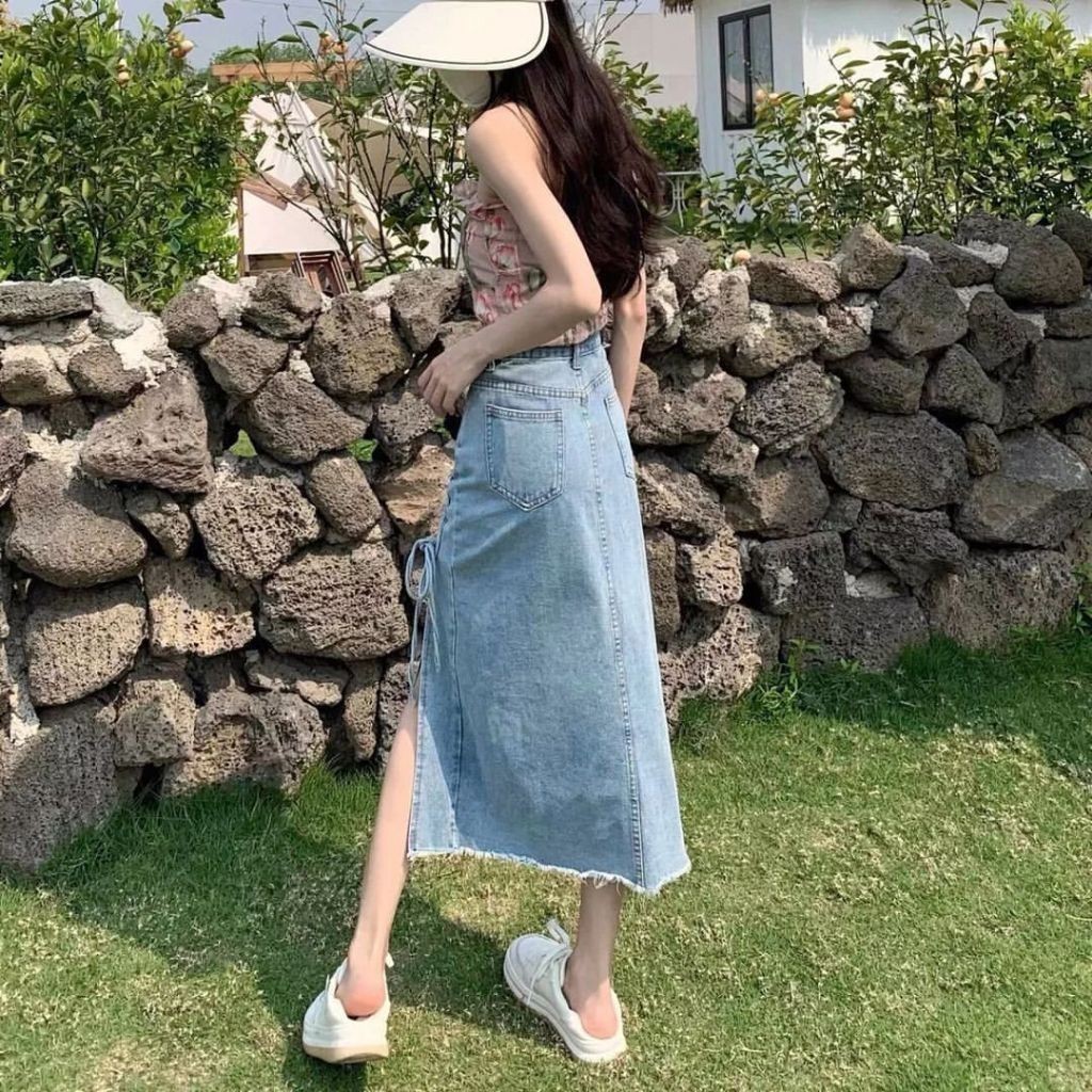 OS - Rok Jeans Span Belah Serut Highwaist Chici Skirt Korean Style Wanita Remaja Terbaru Kekinian Ca