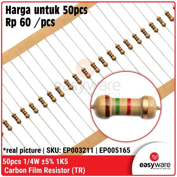 DS99 50pcs Resistor 1.5K Ohm 1/4W 5% Carbon Resistor 1K5 0.25W 0.25 Watt Resistor 5%