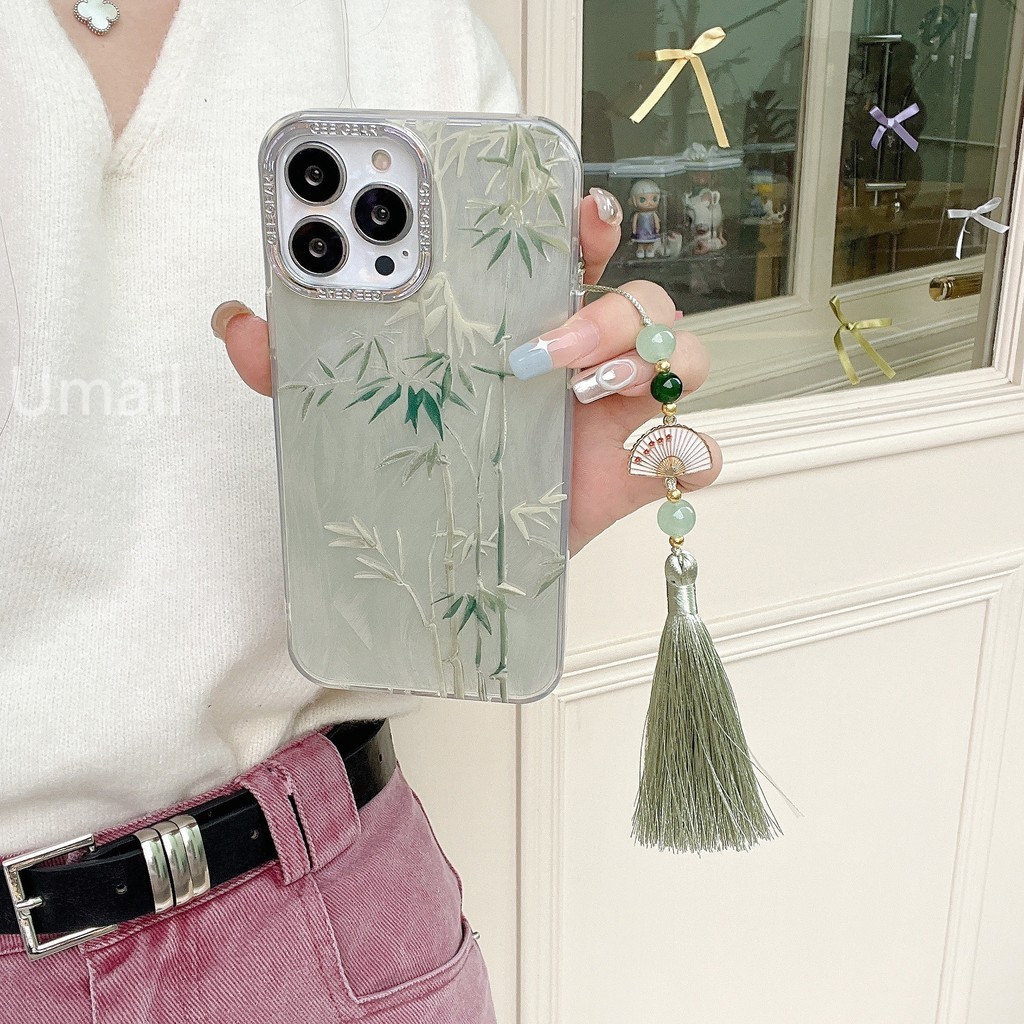 New Chinese style national style feather yarn bamboo leaf is suitable for iPhone15 14 13 12 11promax