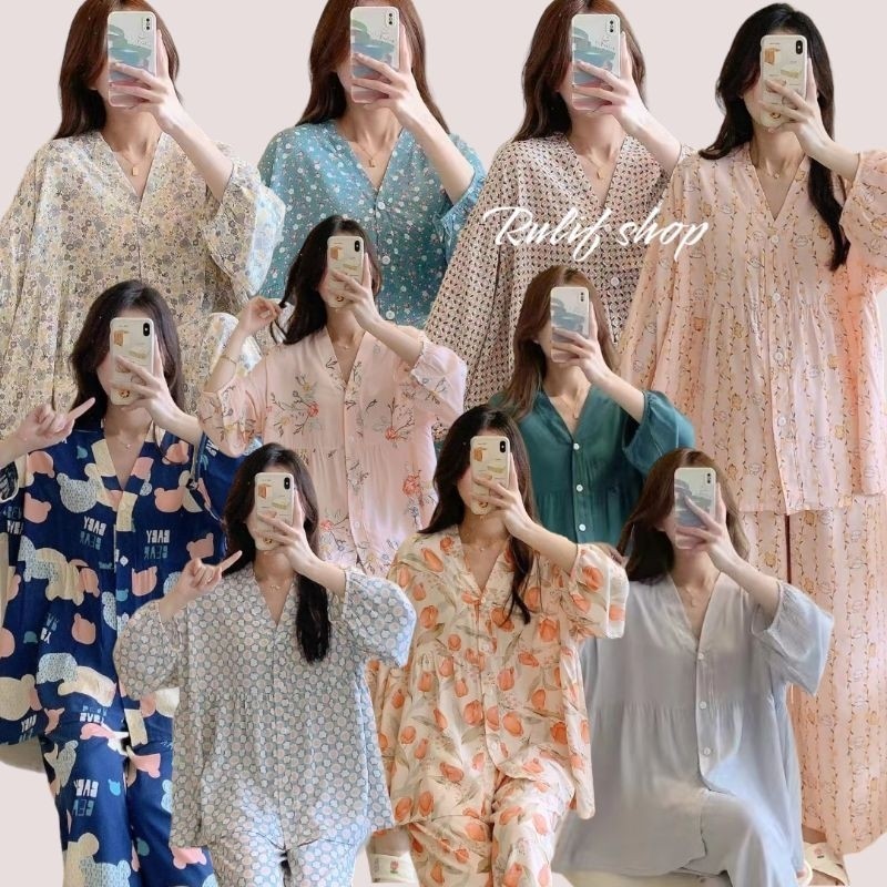 SETELAN SETCEL ONE SET BAJU TIDUR PIYAMA JUMBO PP WANITA DEWASA RAYON IMPORT V NECK KOREA BUSUI LENG
