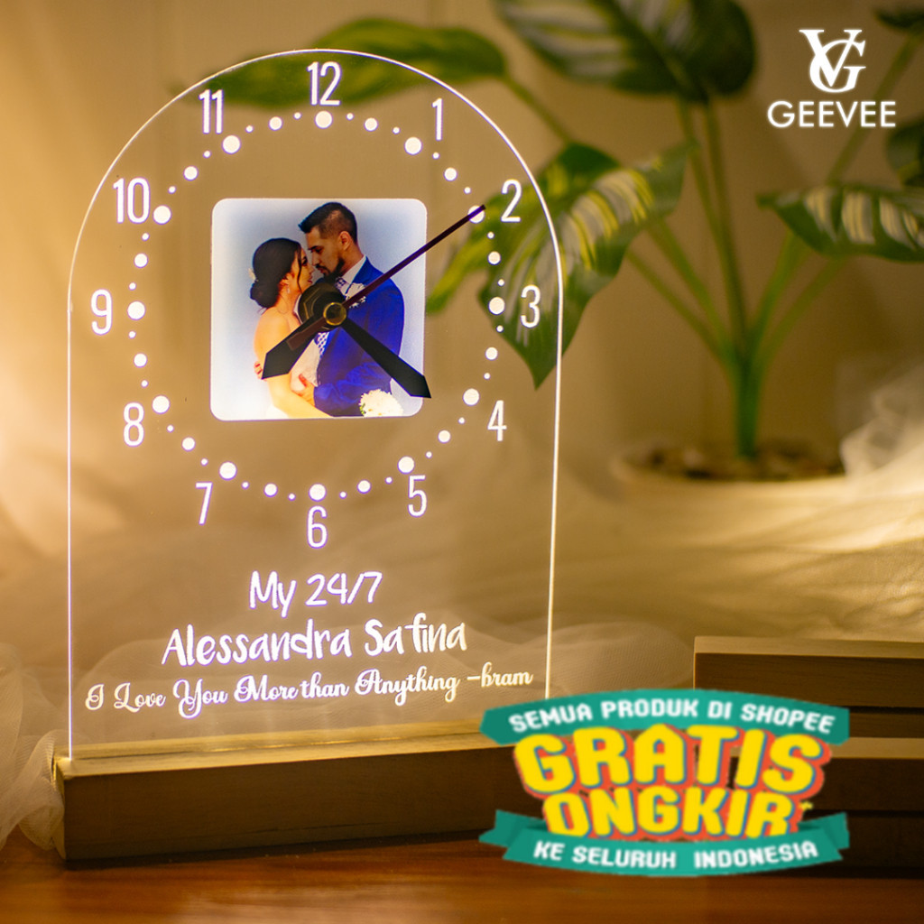 Jam Meja Akrilik Lampu LED Kado Ulang Tahun Cewek Cowok Custom Foto Hadiah AnnivUltah Pacar PREMIUM/