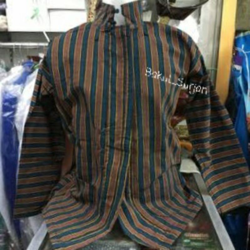 LURIK Baju Lurik Pria Desa Size (M,L,XL,XXL), Baju Surjan Lurik Motif Garis Hijau Coklat