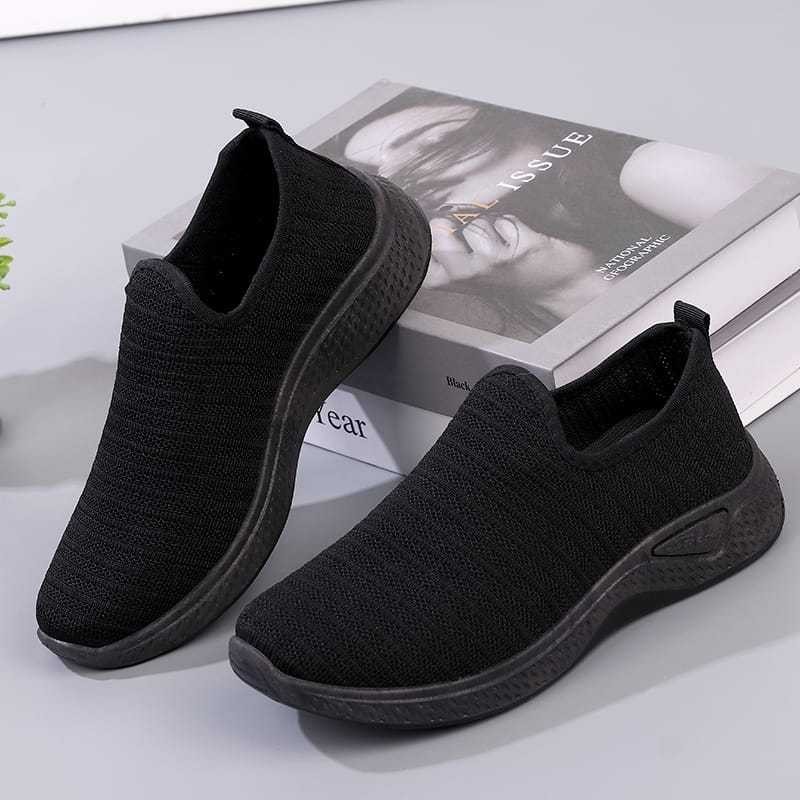 Ai.Steru.Store size 36-41 Sepatu Sekolah Full Hitam Polos Tanpa Tali Sepatu Olahraga Sneakers Wanita