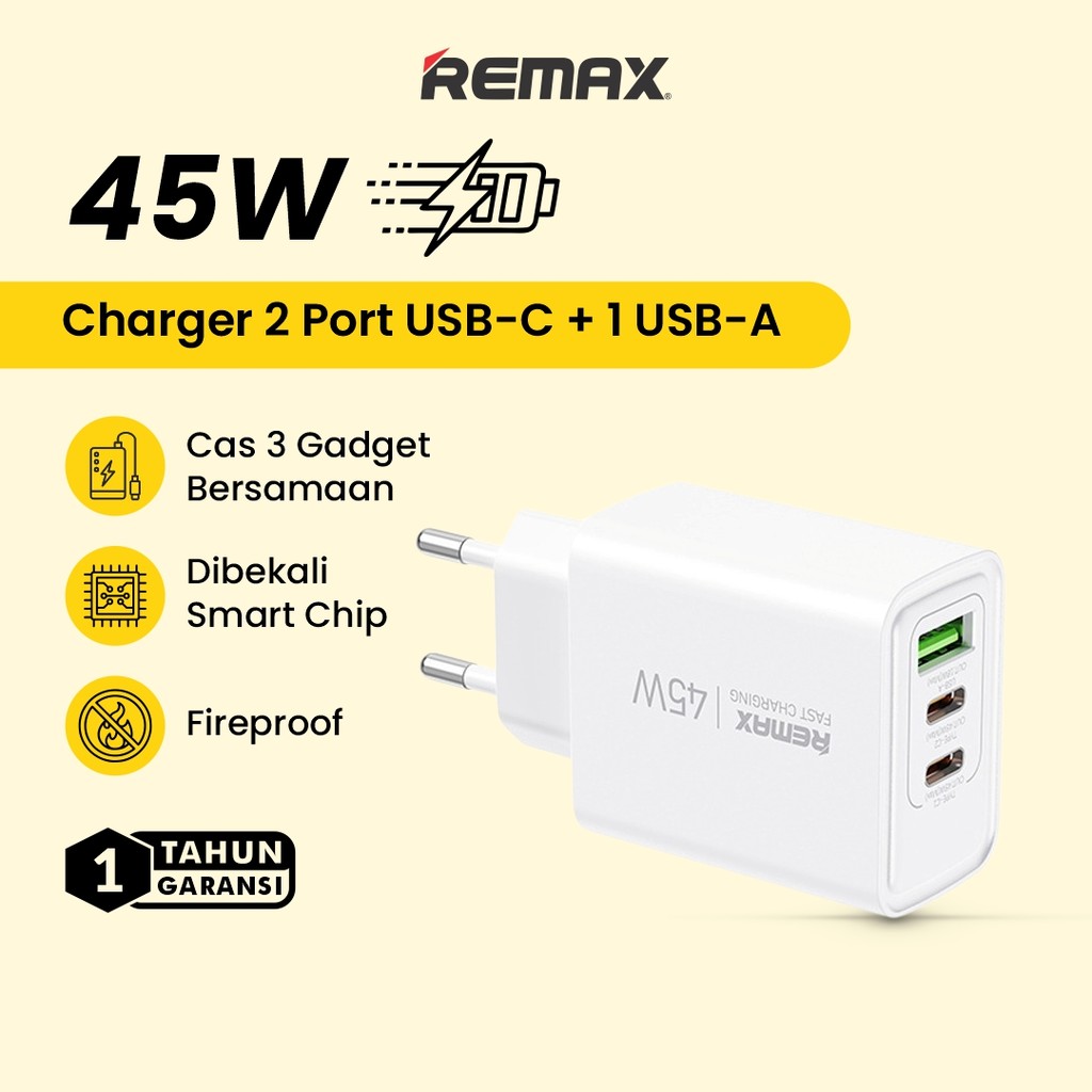 Adaptor Charger Fast Charging Remax Kiddy Series 45W with 2 USB-C Output & 1 USB-A Output Charger Fa