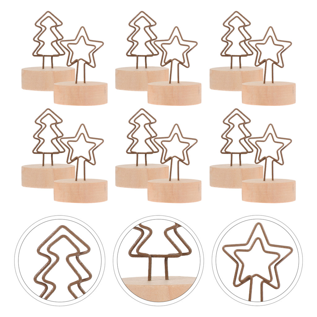 

12 Pcs Note Folder Christmas Wood Clips Photo Display Clamps Xmas Cards Holder Log Tree Shape Memo Wooden Base Work