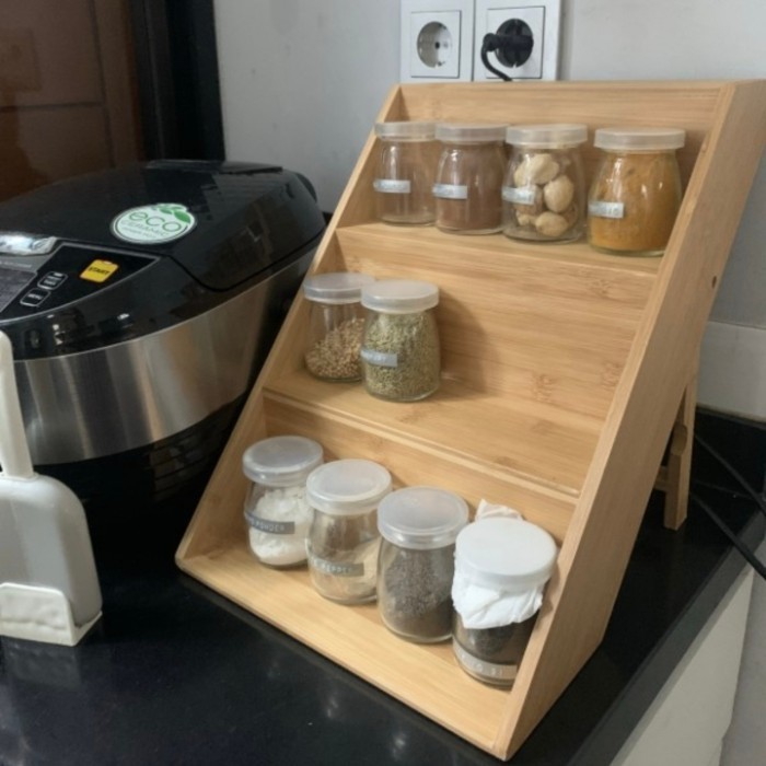 Rak bumbu dapur 3 tingkat lipat kayu dekorasi kafe dan restaurant