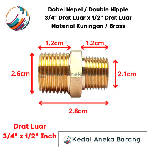 LL76 Double Nipple Dobel Nepel 3/4 x 1/2 Inch Inchi Kuningan Drat Luar