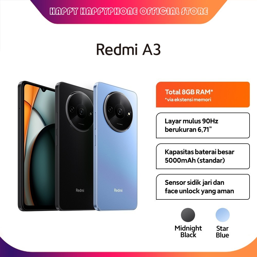HP Xiaomi Redmi A3 (4GB+128GB)/(8GB/256GB) | Layar Muluz 90 Hz berukuran 6.71" kapasitas baterai 500