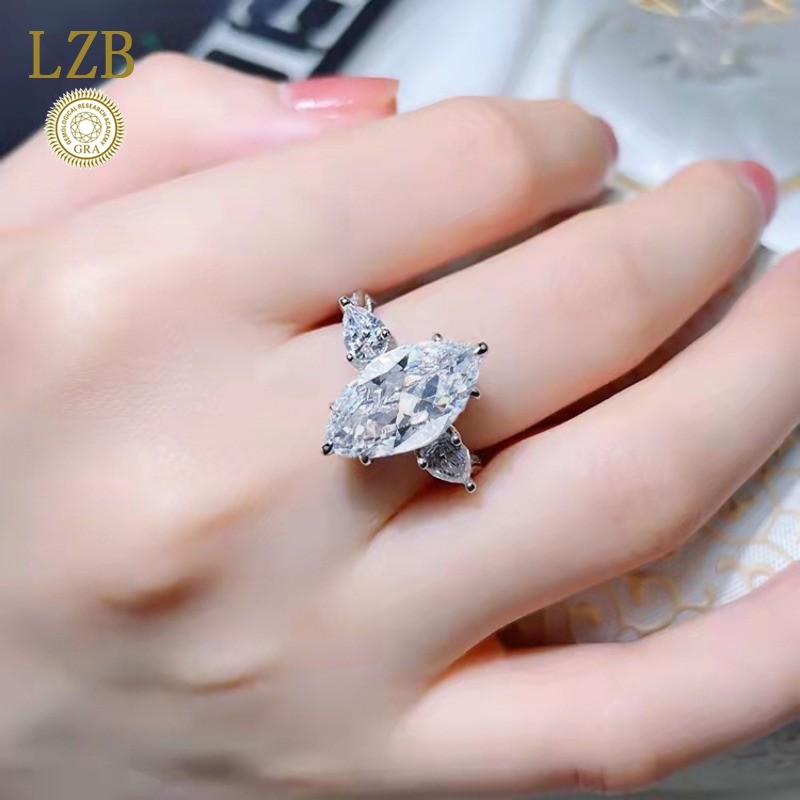 Cincin Pertunangan Perak 925 Berlian Moissanite Marquise Potongan Ratu Untuk Wanita