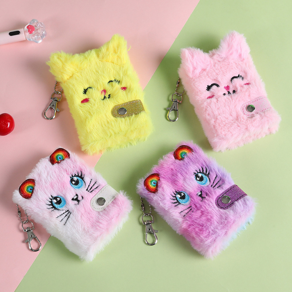 

1Pcs Cartoon Plush Pocket Notebook Blank Thicken Inner Paper with Keychain Mini Plush Cat Writing Drawing Pad Travel Journal