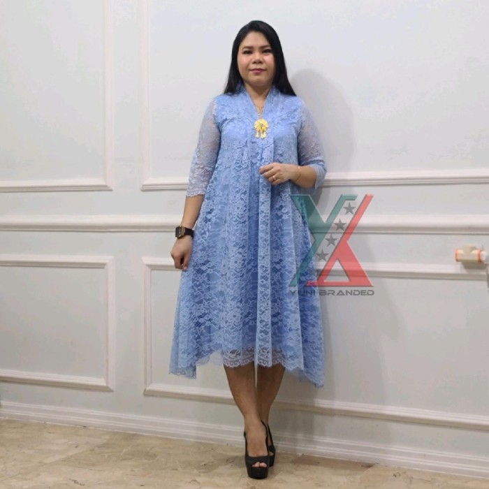 Dress Pesta Brukat Silvana Wanita Gaun  Brokat V-Neck A-Line - Blue Ice, M ld 95 cm