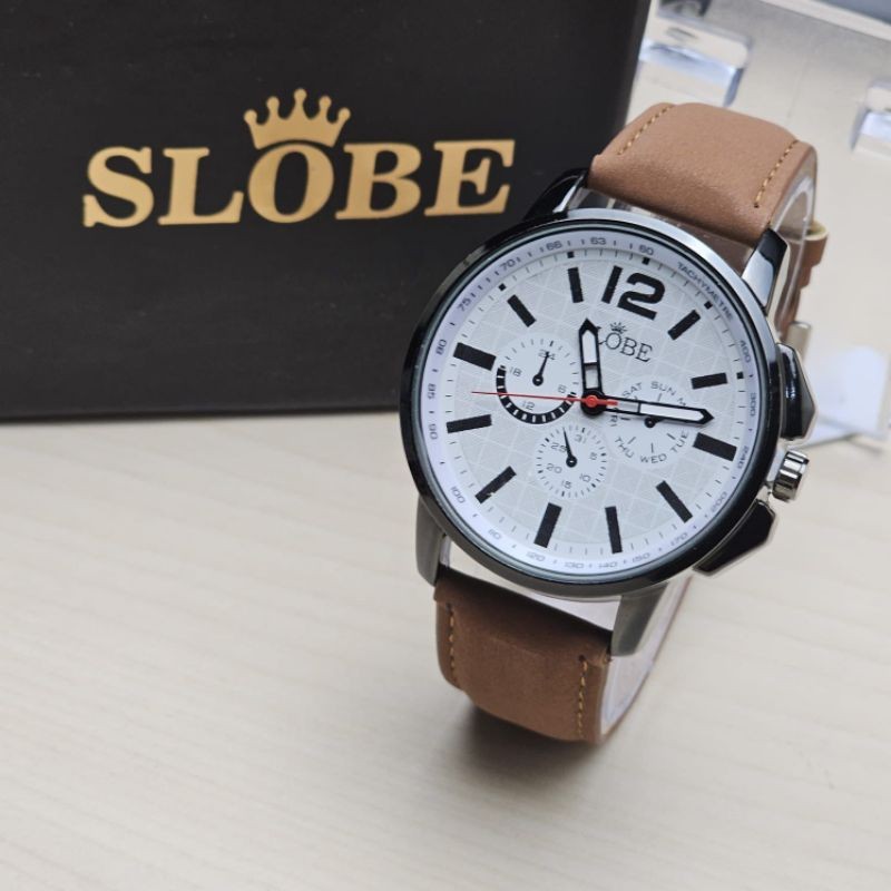 JAM TANGAN PRIA SLOBE SB-234 STRAP KULIT ANALOG FREE BOX