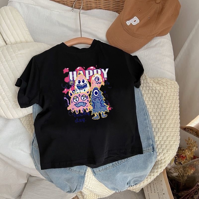 cewek 10 tahun import|Kaos anak perempuan|2-12 Tahun|Fun lucu monster dicat bahagia baris lucu monst