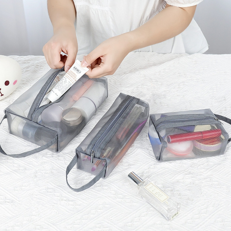 

Gray Breathable Nylon Mesh Cosmetic Bags Make up Pouch Transparent Portable Travel Toiletry Bag Lipstick Storage Pencil Cases