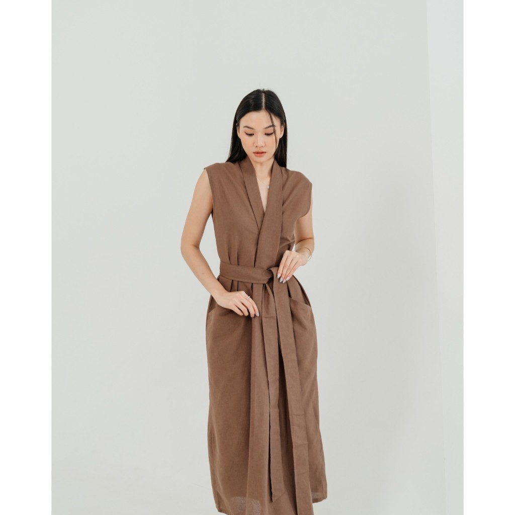 OFEYA - Maru Maxi Dress - Premium Linen Dress - V neck Dress Wanita PROMO