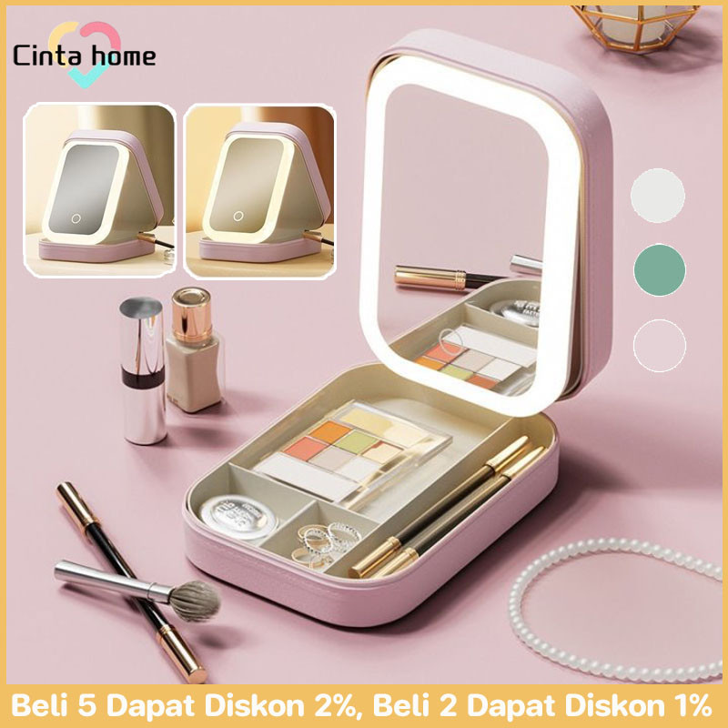 Tas Makeup Lampu 3 Warna Lampu Rias Mini Lipat Makeup Beauty Case Full Mirror Tas Makeup Lampu