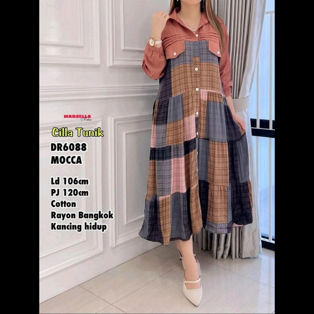 Cilla Midi Dress Premium Motif Abstrak Busui Full Kancing