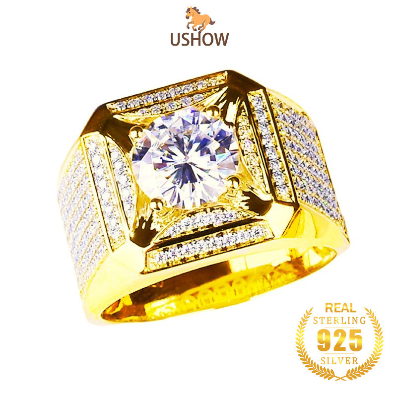 USHOW Cincin Emas 18K Anak Laki-laki 5A Zirkon 925 Perak