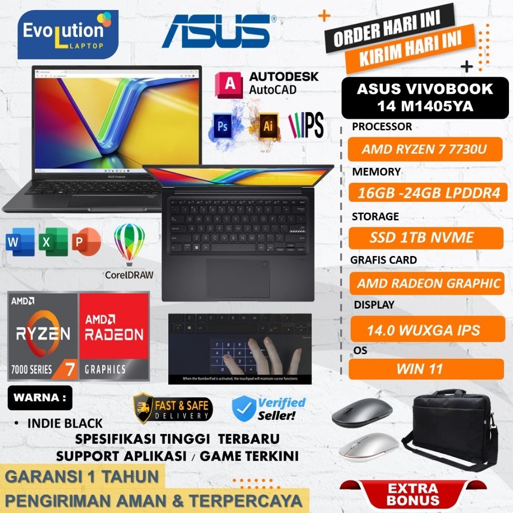 Promo Laptop Gaming Asus Vivobook 15 M1405YA AMD Ryzen 7 7730U Ram 24GB 1TBSSD Windows11 TERLARIS