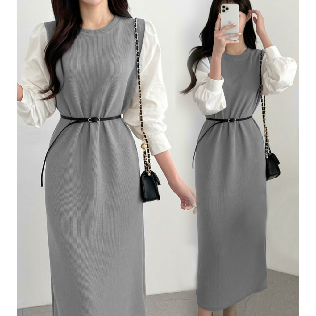 Dress rajut tangan panjang/inner rajut dres premium/dres rajut style korea/Dres Rajut O-Neck