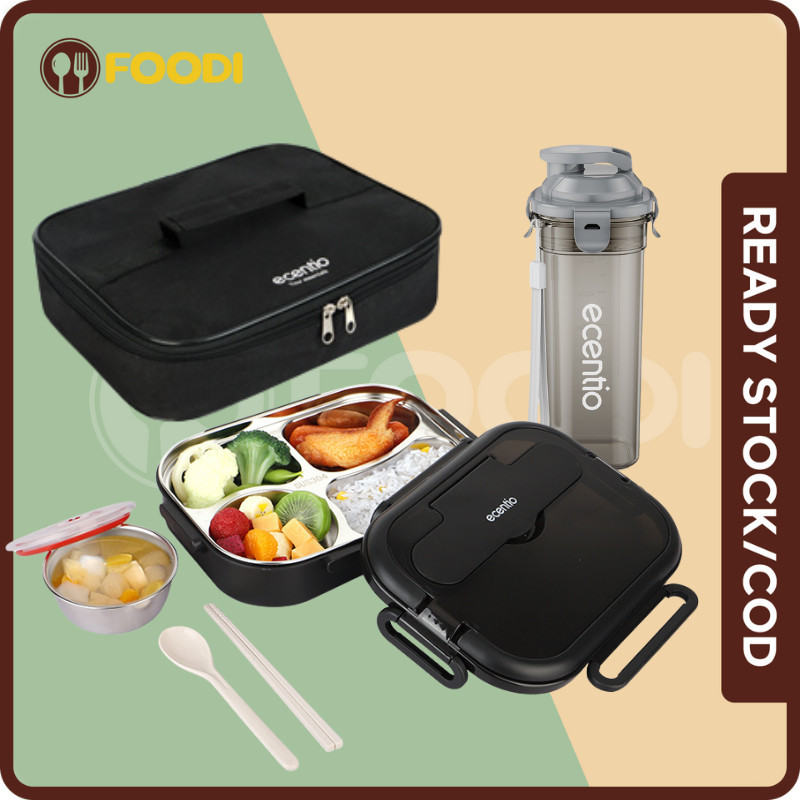 

[PROMO MURAH] ecentio & FOODI kotak makan set anti tumpah 1000ml/tempat makan anak sekolah 4 sekat 1L 304 Stainless steel dan mangkuk sup stainless/Dengan Kotak Hitam Berbahan Stainless Steel Sumpit Sendok Grapu Set/tas tempat makan Lunch Bag/Free Sendok