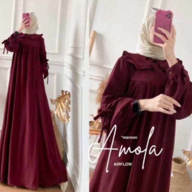 Gamis Wanita Amofa Maxi Dress Kain Crinkle Airflow Busui Promo Idul Adha