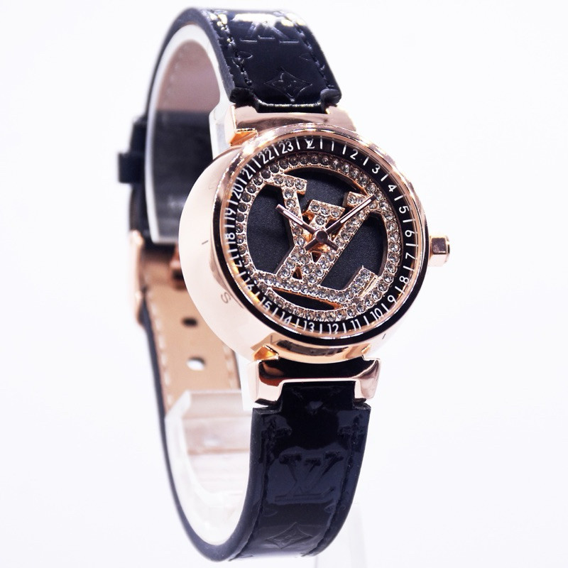 FULL SET EXCLUSIVE - Jam tangan best seller wanita LV PUTAR DIAMOND strap kulit sinteties premium - 