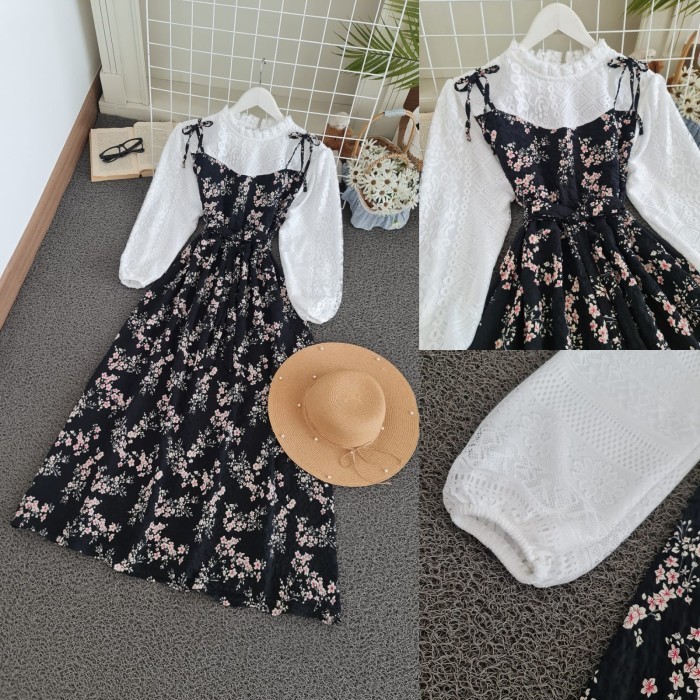 Hana Dress hitam putih gamis crinkle Baju remaja Korean style  - Hitam - KB