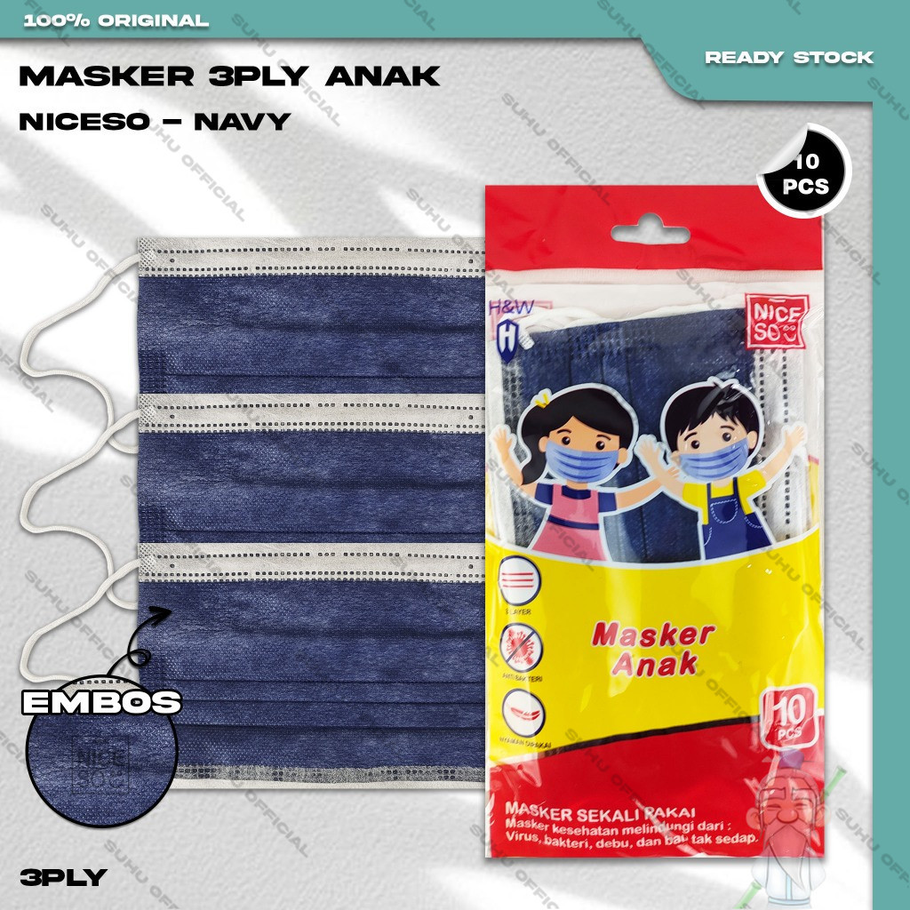 Masker Anak Medis 3Ply NICESO Isi 10Pcs Warna Navy Biru Dongker 3 Ply Earloop Surgical Mask Kemenkes