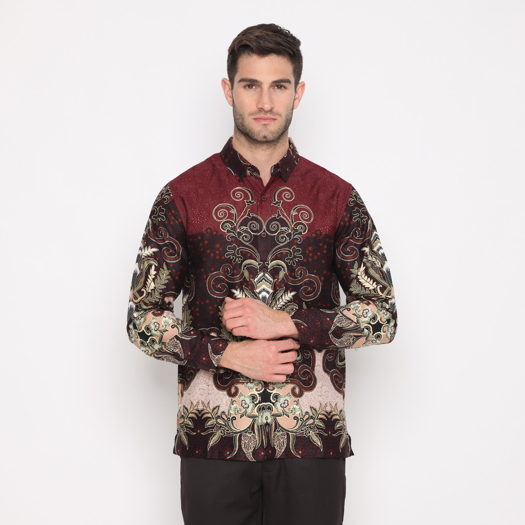 Dbritano kemeja batik katun RICARDO pria maroon panjang  32367