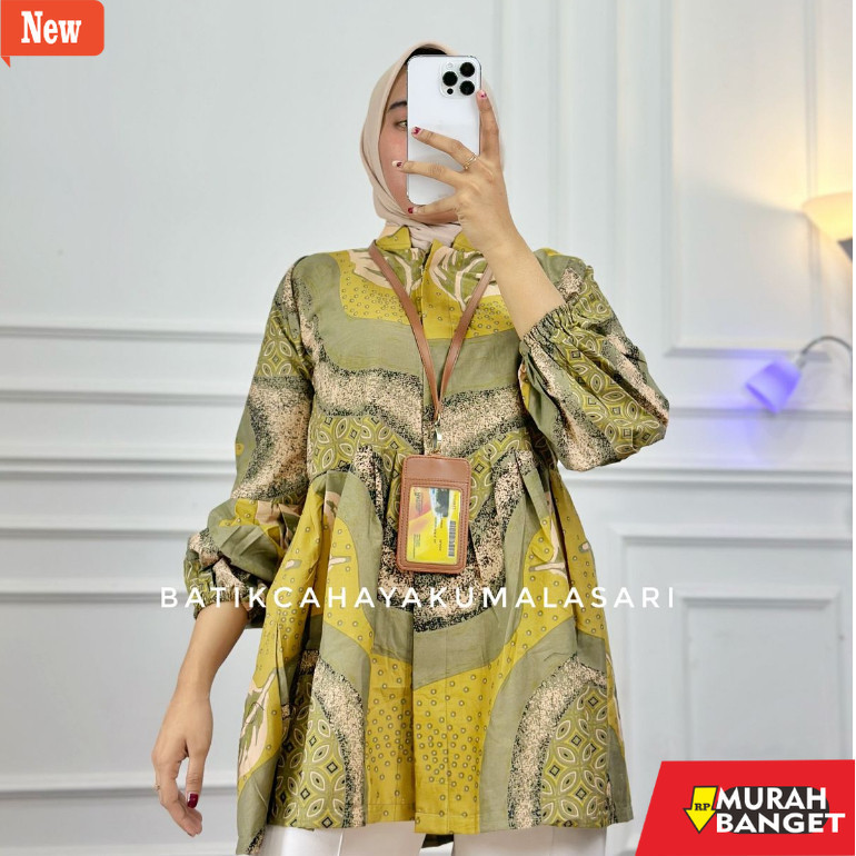 Blouse Wanita Kekinian Arruna Blouse Batik Wanita Kuning Lemon - Bahan Katun Lampion - Batik Kantora