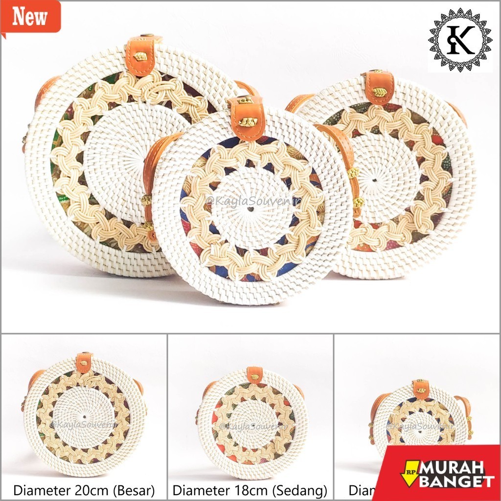 Tas Bulan Sabit Wanita Tas Rotan Bulat Gendit Putih - Kain Etnik