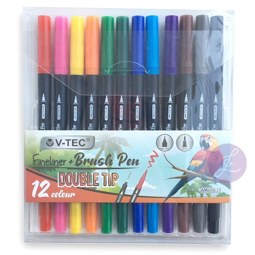 

V Tec Fineliner Brush Pen AM278FB 12 COLOUR - DOUBLE BRUSH PEN DUAL TIP - PENA KUAS DENGAN 2 SISI