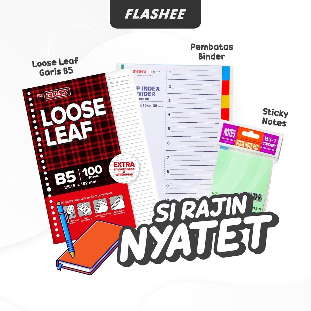 

Flashee 3IN1 Set Paket Sekolah Kuliah Kertas Loose Leaf B5 Sticky Notes Pembatas Paket Si Rajin Nyatet