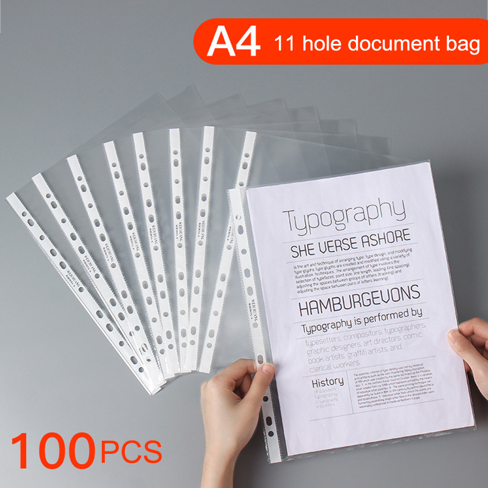 

100pcs 11holes Transparent Plastic Punched File Folders for A4 Documents Sleeves Leaf Documents Bag Protector Office Supplies
