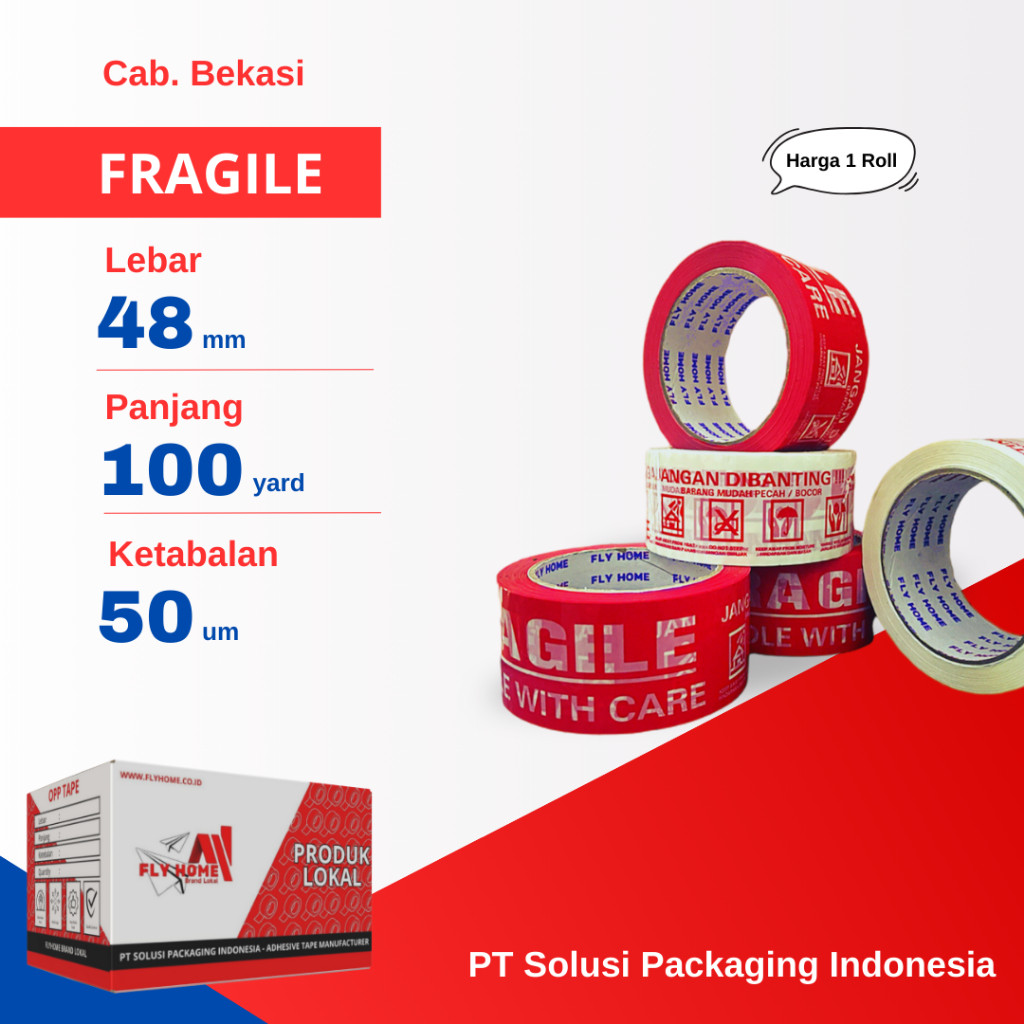 

FLYHOME 1Roll Lakban Fragile Merah Putih 48x100Y 2inci Uk Besar 91METER 100 Yard