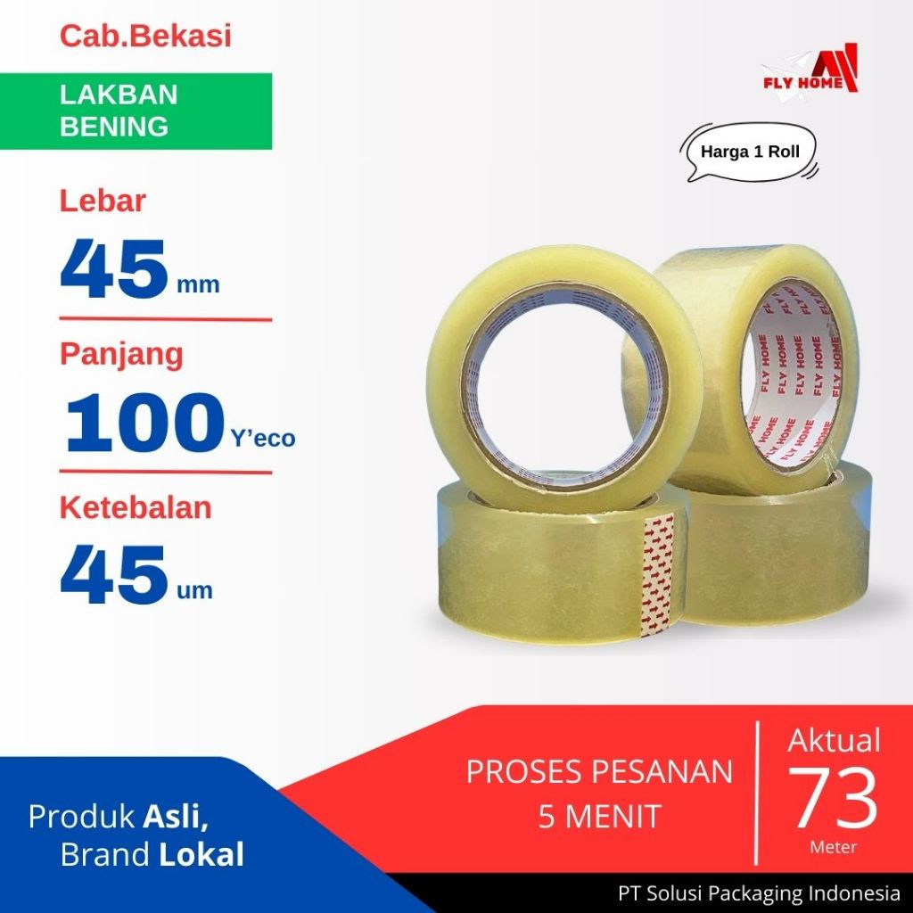 

FLYHOME 1Roll Lakban Bening 45x100Y 2inchi Solasi Uk Besar ECO 100 yard