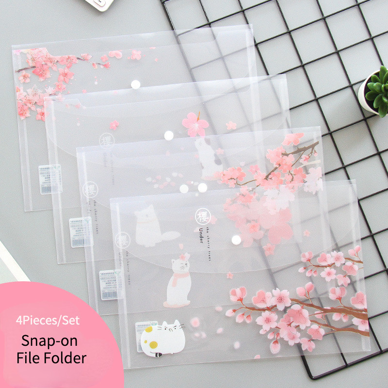 

4 Pieces/Pack Of A4 Transparent Bags Folders File Jackets Snap On File Pockets Pink Sakura Pattern