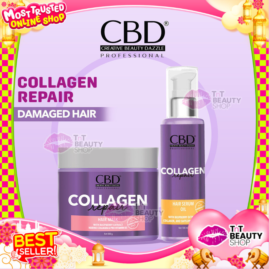 [BUNDLING] CBD Collagen Repair Hair Mask 500ml - Collagen Repair Booster Hair Serum Oil 100ml | TnT 