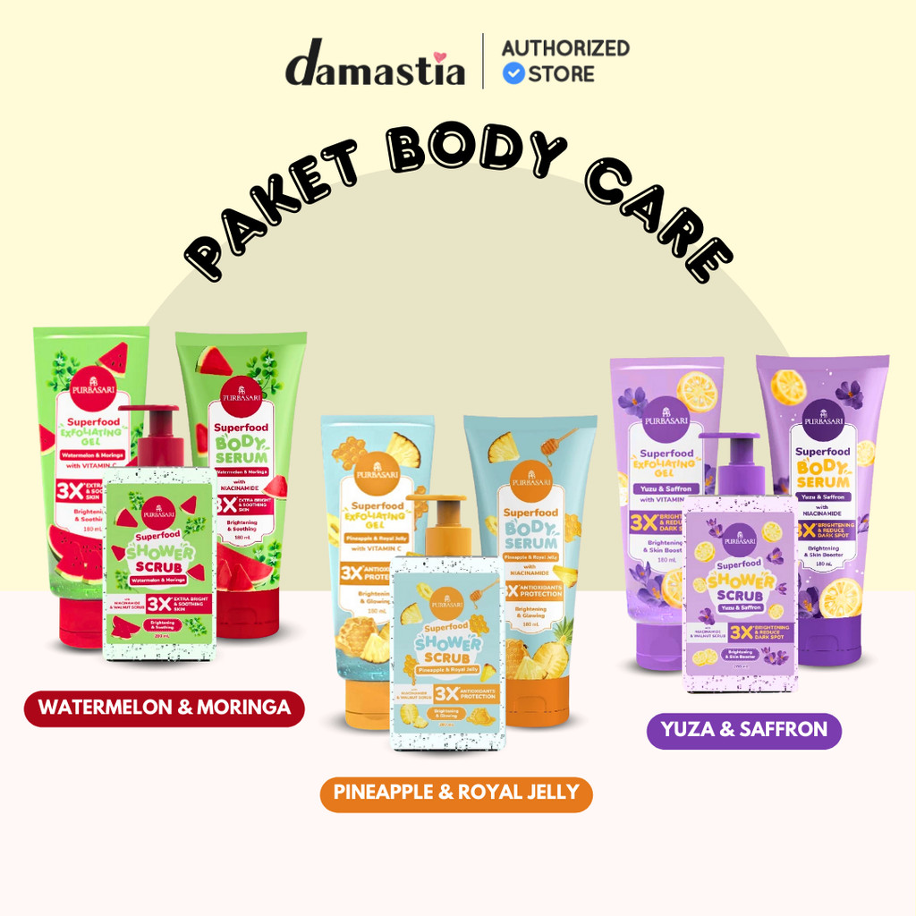 Purbasari Paket 3X Superfood Body Care Series Set Body Serum Shower Scrub Body Scrub Exfoliating Gel