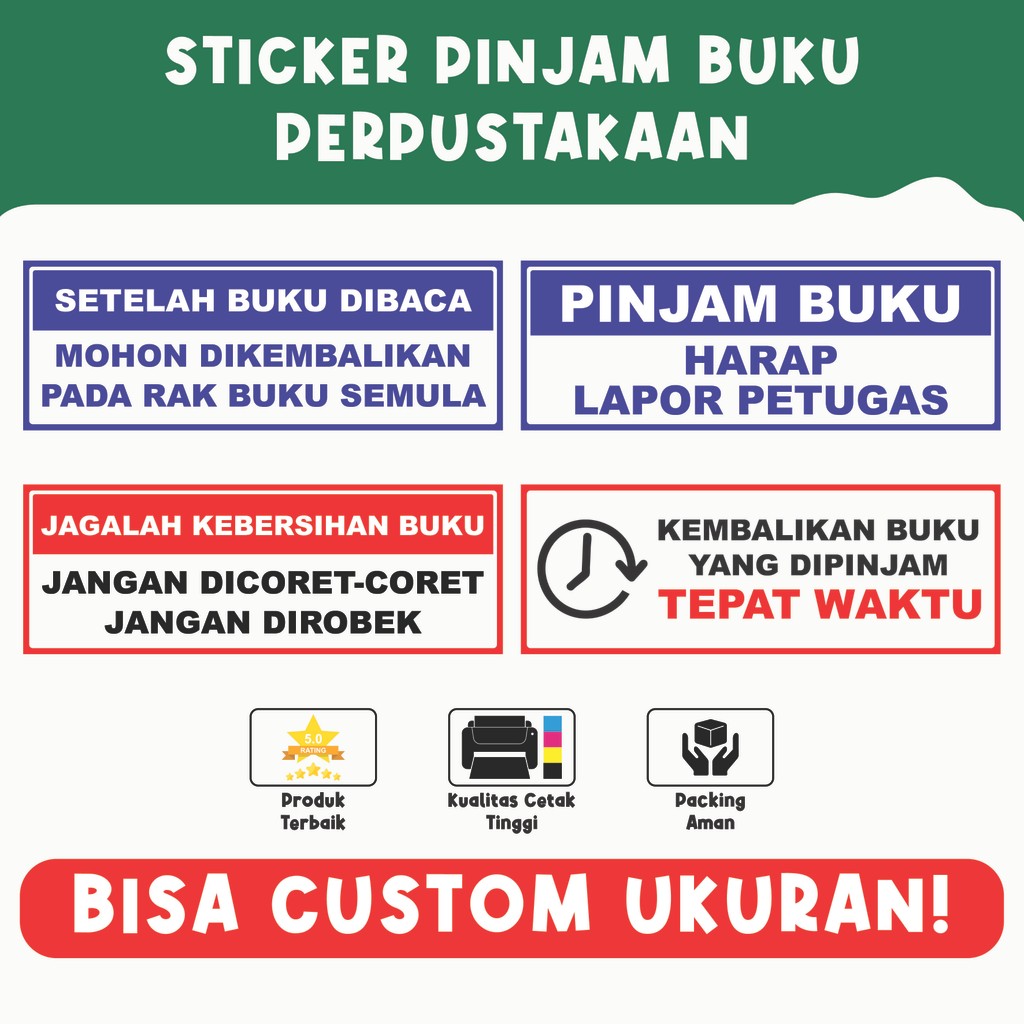 

Sticker Pinjam Buku Perpustakaan – Aturan Penggunaan Buku, Material Vinyl Berkualitas, Bisa Custom Ukuran