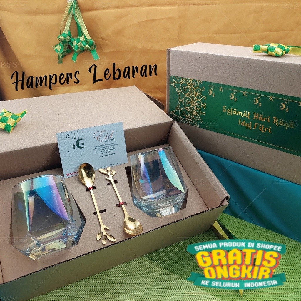 

Hampers gelas kaca cantik Lebaran Idul Fitri kado hadiah gift parcel sendok aesthetic/ New kado
