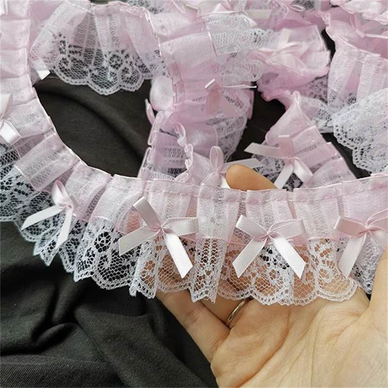 

5CM Wide Luxury 3D Pleated Pink Lace Embroidered Bows Applique Ribbon Women Dress Cloth Trim DIY Home Sewing Guipure Supplies