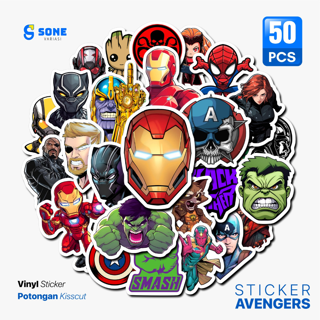 

Sticker Avengers Marvel / Vinyl Waterproof Anti Air / Sticker Superhero Helm Buku Journal Koper Motor Casing HP Laptop Tumbler Botol Minum Sepeda IPad Tablet Polaroid Kulkas