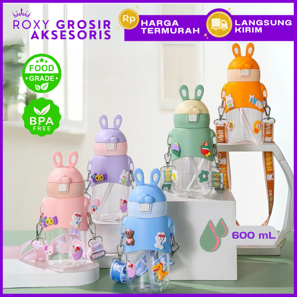 Botol Minum Anak Anak Karakter dengan Sedotan + Tali Selempang Botol Minum Lucu Anak Unik 600ml