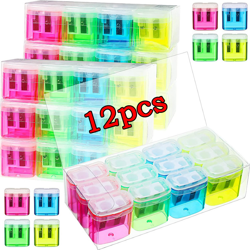 

12pcs/box Manual Pencil Sharpener Small Colored Handheld Dual Hole Pencil Sharpeners with Lid 4 Color For Kids School Supplies