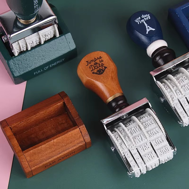 

Wooden Handle Date Roller Stamp Vintage Card Making DIY Scrapbooking Planner Journal Stamps Kawaii Stationery Office Supplies