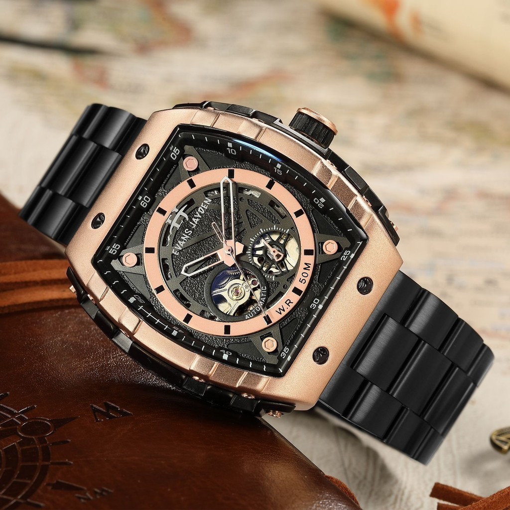 Terlaris  Evans Jayden Jam Tangan Pria 9564 Rantai Automatic Kaca Safir Tahan air 5ATM