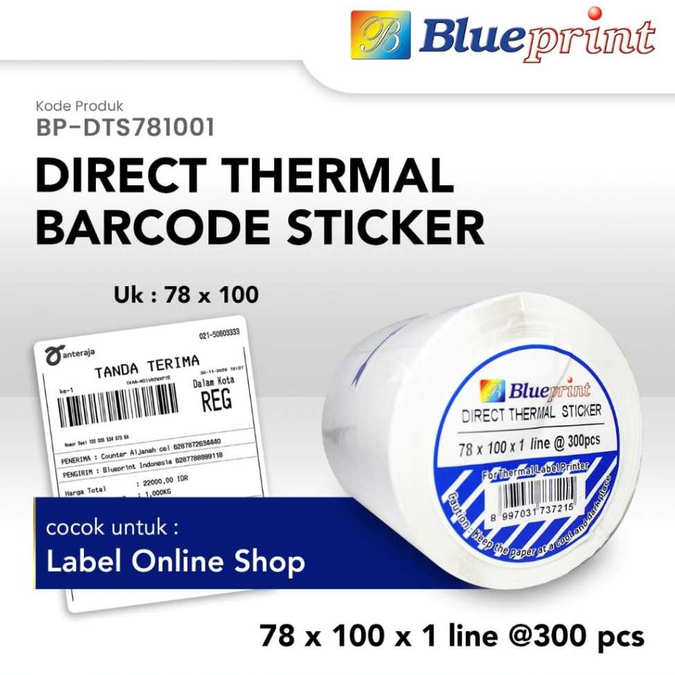

Direct Thermal Sticker Label Online Shop BLUEPRINT 78x100 mm isi 300 Pcs cocok untuk resi