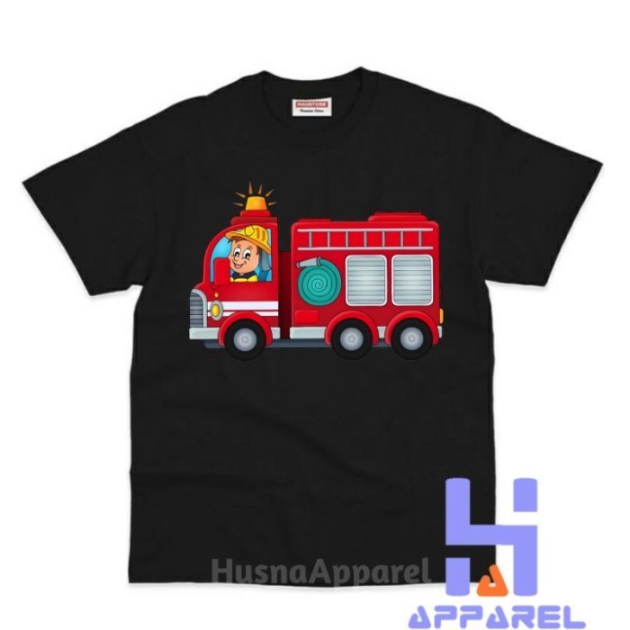 BAJU ANAK KAOS ANAK PEMADAM KEBAKARAN DAMKAR KARTUN - Hitam, S